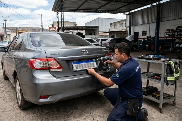 Profissional fazendo o emplacamento de um veículo.