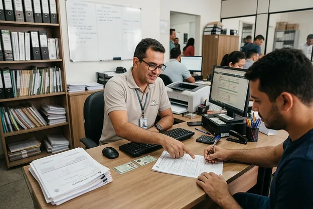 Profissional orientando sobre a transferência de veículo.